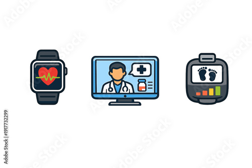 A collection of three medical technology icons featuring a heart rate smartwatch, a telemedicine doctor on a computer monitor, and a fitness tracker with a step counter.