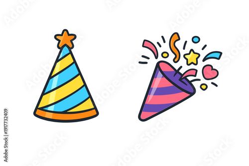 A colorful illustration featuring a blue and yellow striped party hat with a star on top and a purple party popper exploding with confetti and stars against a black background.