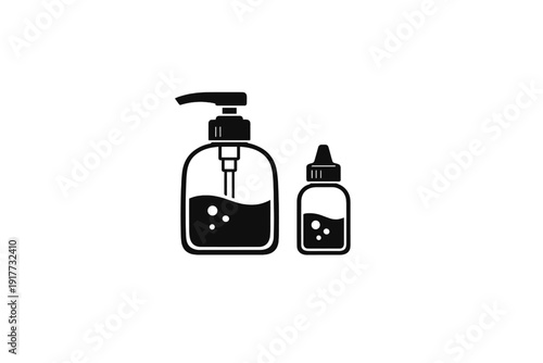 A black and white minimalist icon featuring a large pump dispenser bottle and a smaller dropper bottle, both containing liquid with bubbles, representing hygiene or skincare products.