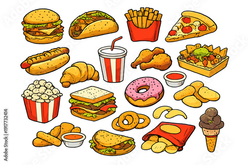 A colorful collection of various fast food illustrations including a burger, pizza, fries, and snacks arranged on a black background in a vibrant cartoon art style.