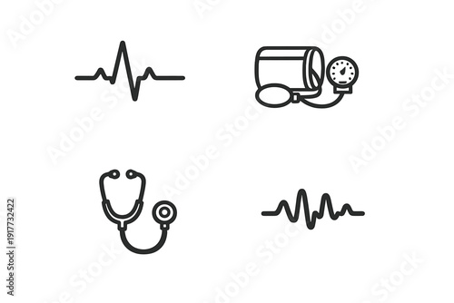 A collection of four black medical icons on a white background, including a stethoscope, a blood pressure monitor, and two different heartbeat or pulse wave line illustrations.