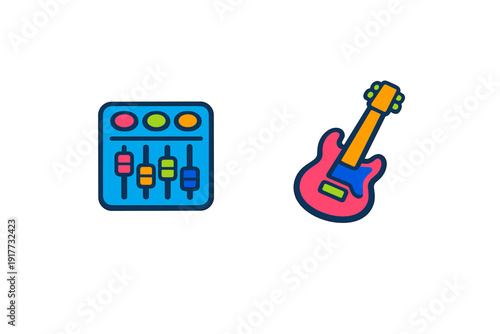Colorful icons of a sound mixer and an electric guitar are displayed against a solid black background. The graphics feature bold outlines and vibrant shades of pink, blue, and yellow.