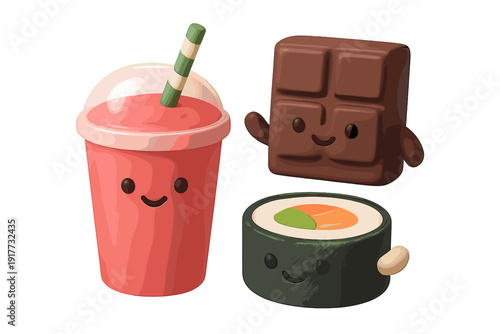 Three adorable three-dimensional food mascots including a pink smoothie with a straw, a chocolate bar, and a sushi roll, each featuring a simple smiling face on a solid black background.