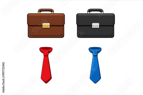 This illustration features two professional briefcases in brown and black colors and two neckties in red and blue shades, set against a solid black background for a clean look.