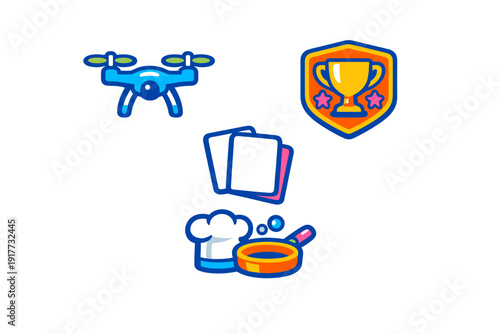 This set of vibrant vector icons includes a blue quadcopter drone, a golden trophy cup on a shield, two playing cards, and a chef hat next to a frying pan on a black backdrop.