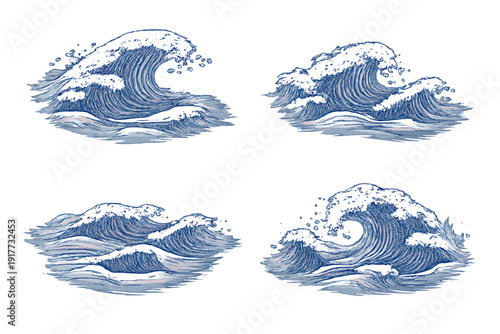 Four distinct illustrations of crashing ocean waves in a blue and white hand-drawn style. Each wave features intricate line work and white sea foam against a dark background.
