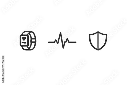 A minimalist set of three black line icons featuring a fitness tracker smartwatch, an electrocardiogram pulse wave, and a security shield symbol isolated on a white background.