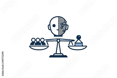 This graphic shows a split human and robotic head positioned over a scale balancing people and a gavel, symbolizing the intersection of artificial intelligence and legal justice.