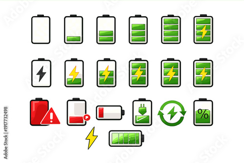 A collection of battery status icons showing different charge levels from empty to full, including charging indicators with lightning bolts, low power warnings, and energy symbols.