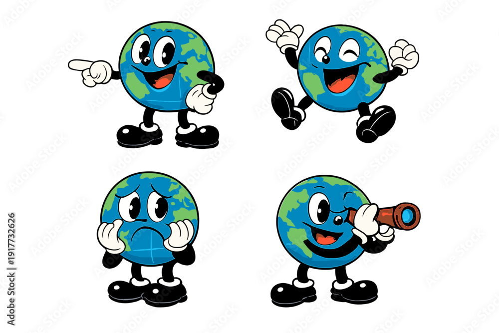 Fototapeta premium A set of four vintage cartoon Earth characters with expressive faces and white gloves are shown in different poses against a black background, including pointing, cheering, and crying.