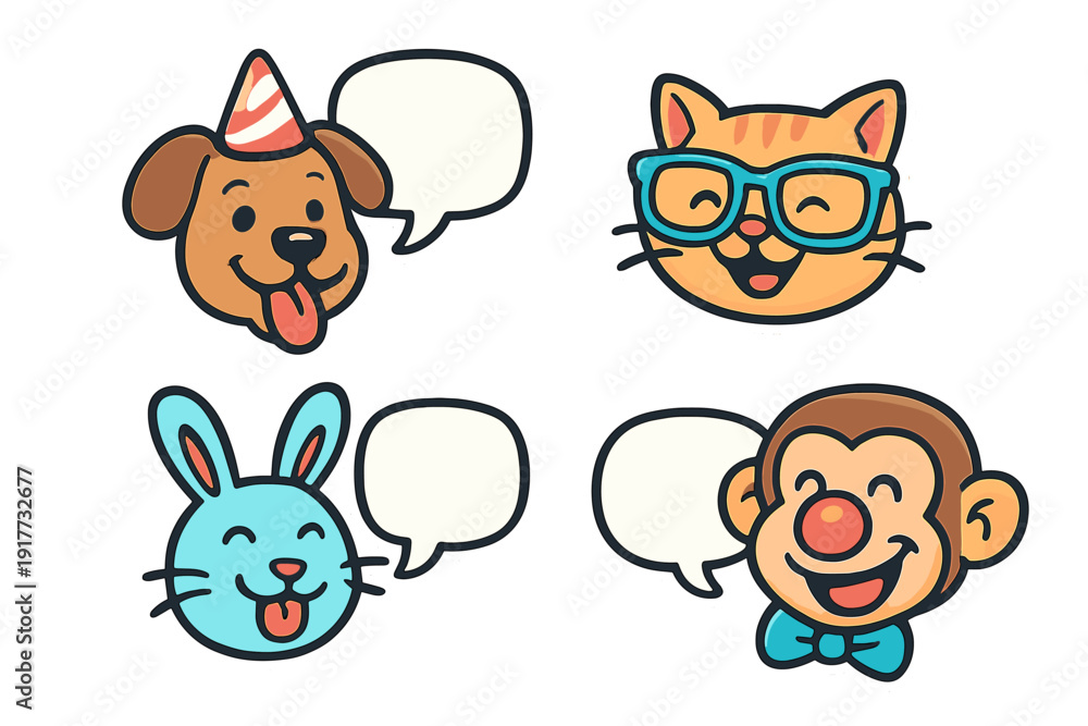 Fototapeta premium A set of four cartoon animal stickers featuring a dog with a party hat, a cat with glasses, a blue rabbit, and a monkey with a bow tie, with white speech bubbles for dialogue.