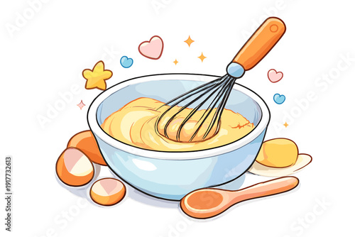 A cartoon illustration of a light blue mixing bowl filled with yellow batter, featuring a whisk, cracked eggs, and a wooden spoon surrounded by decorative hearts and stars.