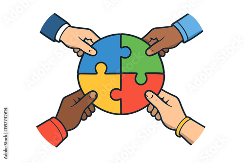 An illustration of four hands with diverse skin tones joining together four colorful puzzle pieces to form a complete circle, symbolizing unity, cooperation, and collective effort.