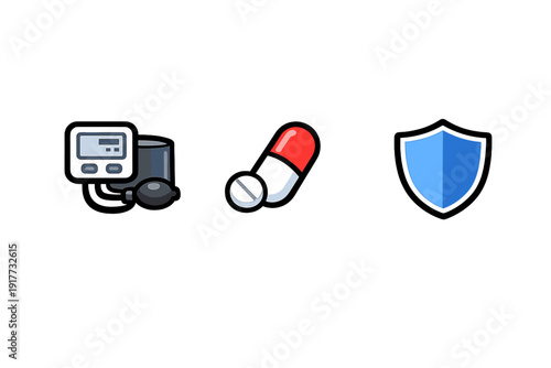 A digital blood pressure monitor, a red and white capsule pill with a tablet, and a blue protection shield are shown as flat icons against a dark black background.