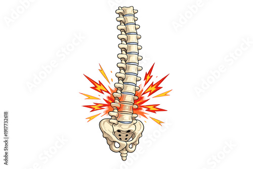 A graphic illustration of the human vertebral column and pelvis against a black background, featuring red and orange sparks indicating acute lower back pain or injury.