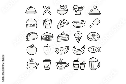 A collection of twenty-five hand-drawn white icons on a black background featuring various food and drink items like burgers, pizza, fruits, coffee, and desserts in a doodle style.