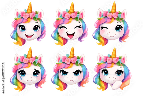 Six adorable unicorn character heads showing different emotions like joy, anger, and sadness. Each has a rainbow mane, a golden horn, and a floral crown on a black background.