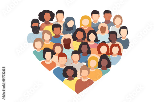 Stylized illustrations of diverse people with different skin tones and hairstyles are grouped together to form a heart shape on a black background, symbolizing unity and community.