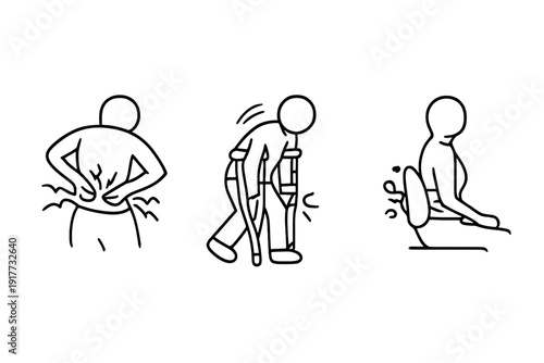 Three minimalist line art icons showing a person with back pain, someone using crutches for mobility, and an individual sitting with an ergonomic lumbar support cushion.