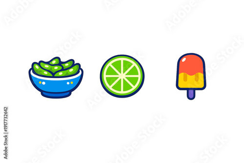 A collection of three colorful food icons featuring a blue bowl of green edamame beans, a sliced lime, and a red and yellow popsicle, all set against a solid black background.