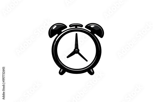 A minimalist black alarm clock icon features glossy highlights and is centered on a solid black background. It has two bells on top and three hands indicating the time.