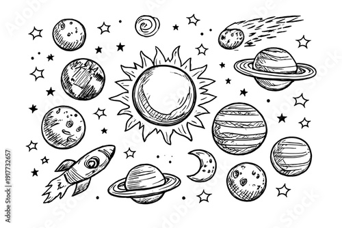 Hand-drawn celestial elements featuring the sun, planets with rings, a rocket ship, and stars on a black background. This monochrome sketch uses a whimsical doodle art style.