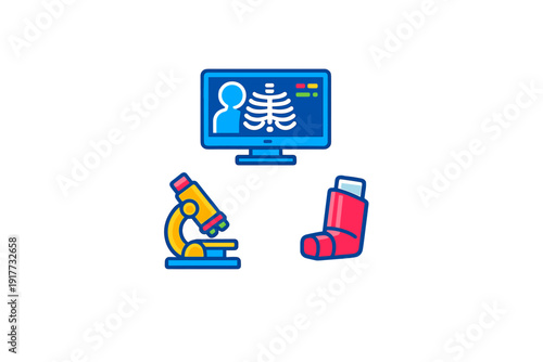 A collection of medical icons including a computer monitor displaying a chest X-ray, a yellow microscope for laboratory research, and a red asthma inhaler on a black background.
