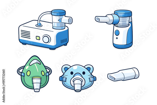 This illustration set displays various medical nebulizer tools including a compressor unit, portable mesh device, standard face mask, child-friendly bear mask, and a plastic mouthpiece.