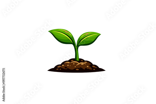 A digital illustration of a young green seedling with two leaves emerging from a small pile of brown dirt, set against a plain black background to emphasize growth and life.