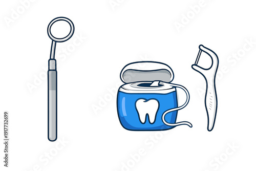 An illustration of dental hygiene tools including a mouth mirror, a blue container of dental floss with a tooth symbol, and a white floss pick, all set against a black background.