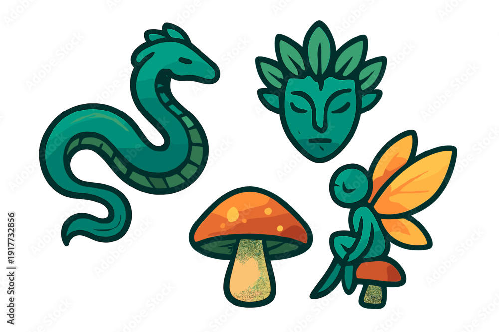 Obraz premium A set of modern fantasy icons featuring a teal sea serpent, a forest spirit mask with leaf hair, a spotted orange mushroom, and a small winged fairy sitting on a toadstool.