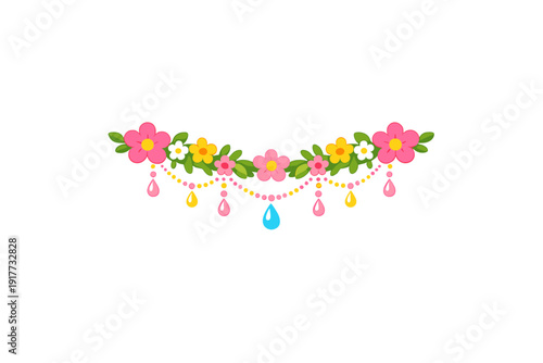 A colorful floral garland illustration featuring pink, yellow, and white flowers with green leaves and hanging bead strings with teardrop gems against a solid black background.