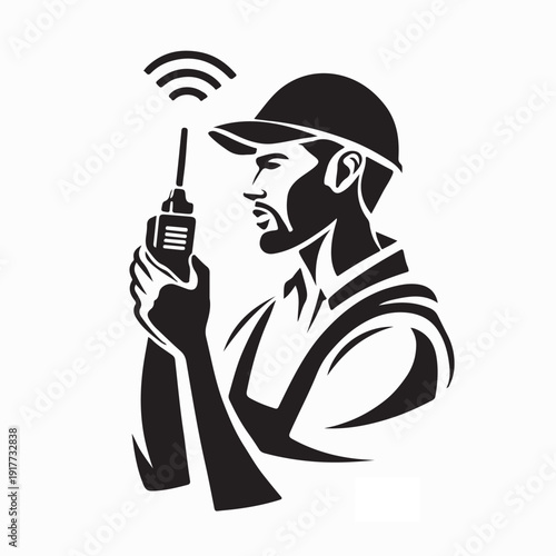 Project Worker with Radio Communication Vector Logo on White Background