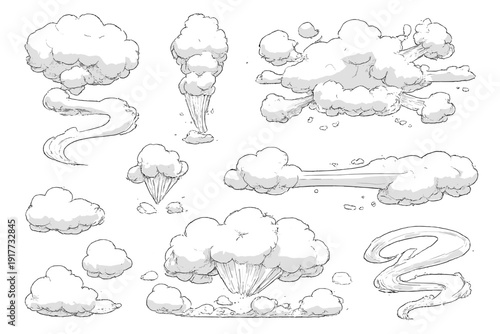 A collection of white hand-drawn smoke and cloud effects on a black background. The set includes various shapes like mushroom clouds, wispy trails, and puffy cumulus formations in a sketch style.