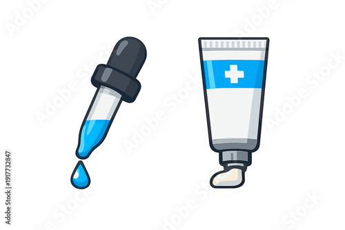 A cartoon illustration of a medical dropper with a blue liquid drop and a tube of ointment featuring a white cross symbol, both set against a solid black background.