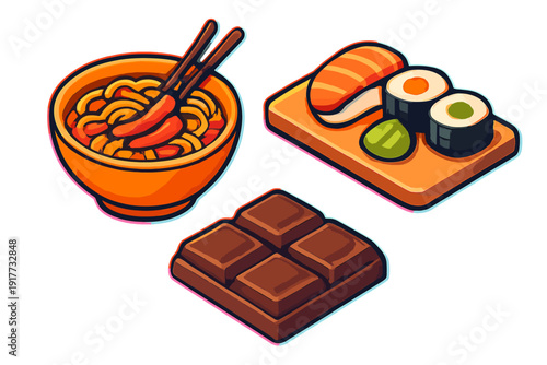 A sticker pack illustration featuring a bowl of spicy noodles with chopsticks, a sushi set with nigiri and maki rolls on a wooden board, and a dark chocolate bar on a black background.