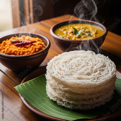 traditional sri lankan string hoppers served with spicy coconut sambol and curry on banana leaf