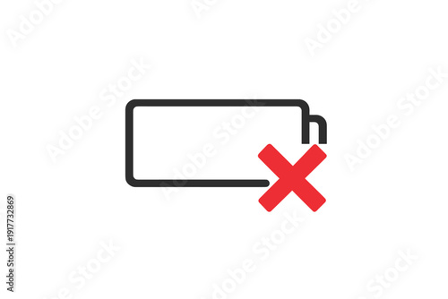 A minimalist graphic featuring a black battery outline and a red X symbol on a dark speckled background. It illustrates concepts like power failure, dead battery, or charging error.