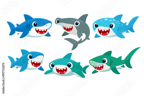 A collection of six cute cartoon sharks in various colors including blue, teal, and grey, featuring friendly expressions with big eyes and sharp teeth against a black background.