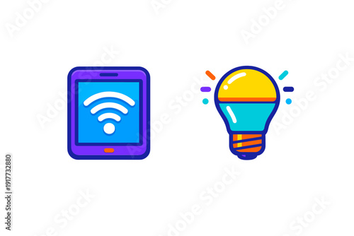 A colorful illustration featuring a purple tablet with a white wireless signal symbol next to a glowing light bulb, representing smart home technology and connectivity on a black background.