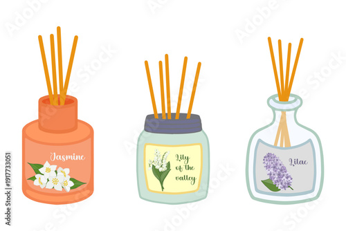 A set of aroma diffusers with spring floral scents of jasmine, lilac and lily of the valley. Основные RGB