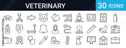 30 thin line veterinary icons including pet accessories, medical equipment, clinic supplies, and animal care essentials. Perfect for vet websites, pet care apps, and animal health designs.