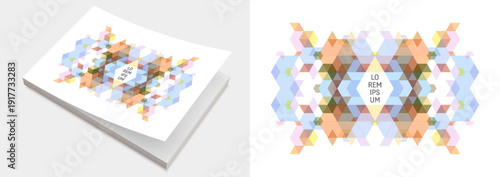 Abstract geometric background. Translucent pattern of overlapping geometric shapes. Softcover book layout. Copy space. Cover design template. Vector for brochure, planner, notebook or notepad.