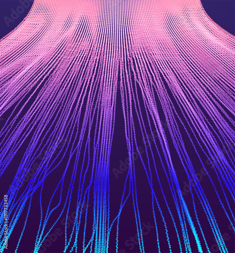 Array with dynamic emitted particles. Water splash imitation. Abstract background. Cover design template. Big data. 3D illustration for brochure, poster, presentation, flyer or banner.