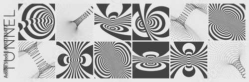 Tunnel. 3D grid surface. Abstract background made of distorted lines or dynamic particles. Pattern with optical illusion. Psychedelic stripes. Black and white cover design template. Vector.