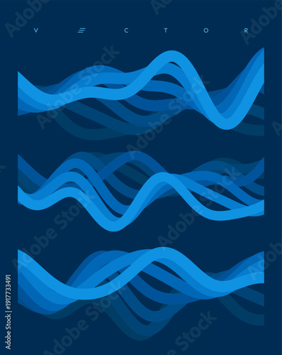 Sound wave. Audio signal. Equalizer scale for recording or playback. The waves are all blue and appear to move in different directions. Vector for a brochure, cover, postcard, flyer, or presentation.