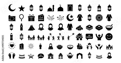 Black and White Islamic Icons for Eid Celebration mubarak. The image features a repeating pattern of black shapes against a white background, with a notable silhouette style. Icons related to the cele