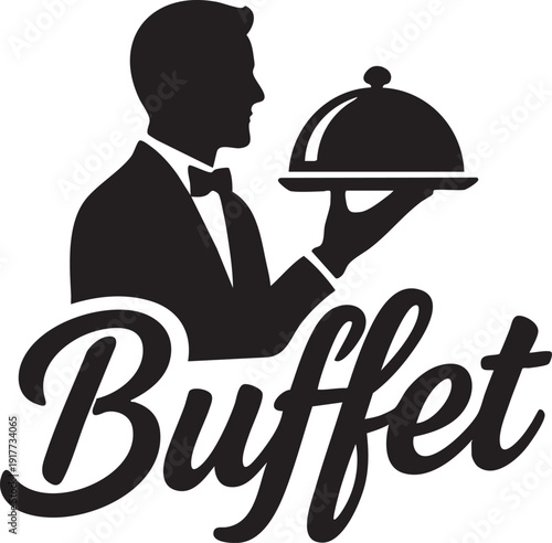 Black silhouette of waiter holding covered dish with buffet text