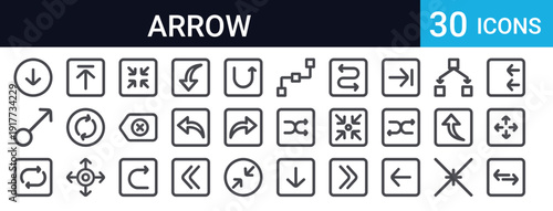 Complete set of 30 thin line arrow icons including directional, navigation, curved, circular, import, export, move, compress, rewind, shuffle and more. Perfect for UI/UX design.