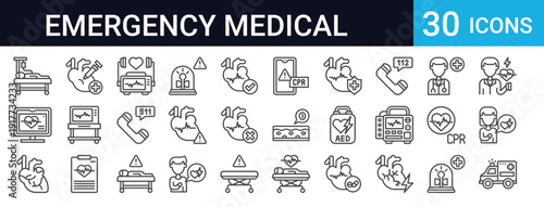 30 thin line emergency medical icons featuring ambulance, defibrillator, CPR, hospital equipment, paramedic services, and healthcare symbols. Perfect for medical apps and websites.
